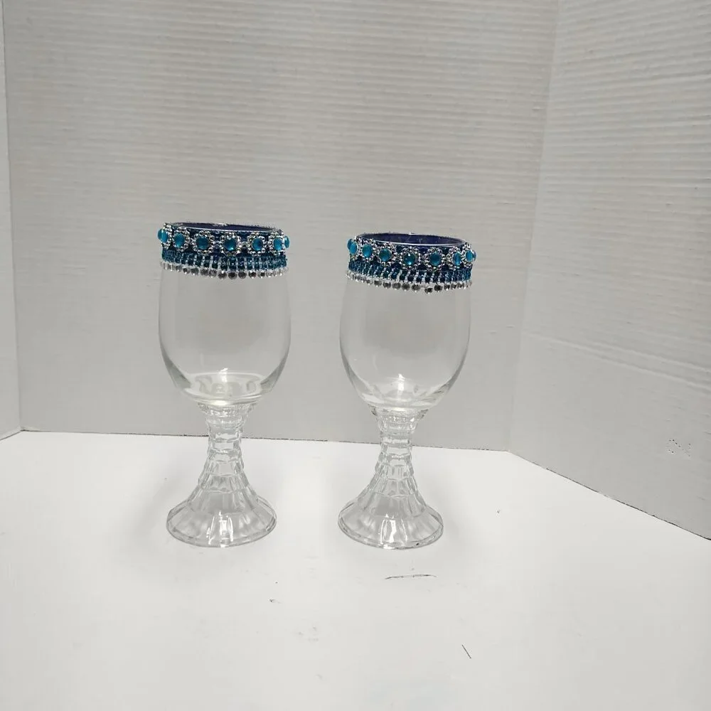 Handmade Crystal Goblet Candle Holders – Blue & Silver Jeweled Rim (Set of 2)